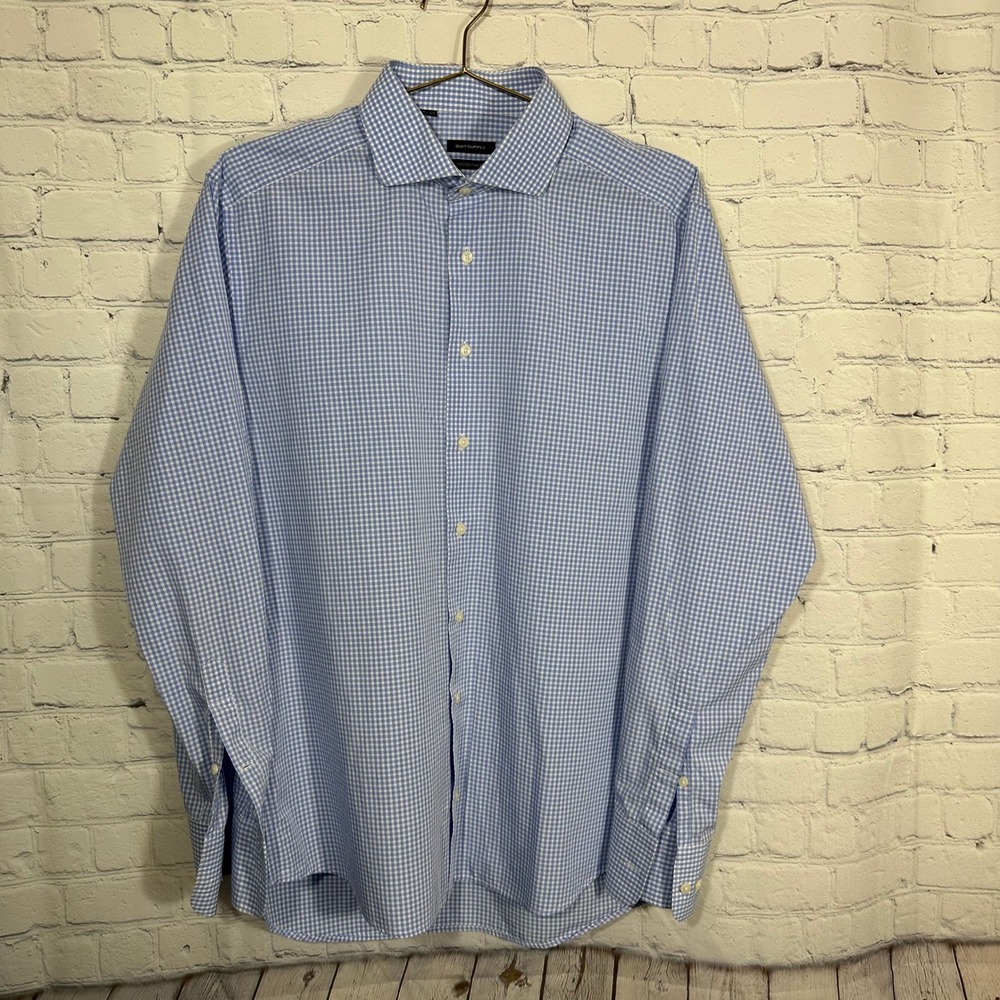 SuitSupply Mens Blue Gingham Two Ply Cotton Spread Collar Dress Shirt 16.5 42‎